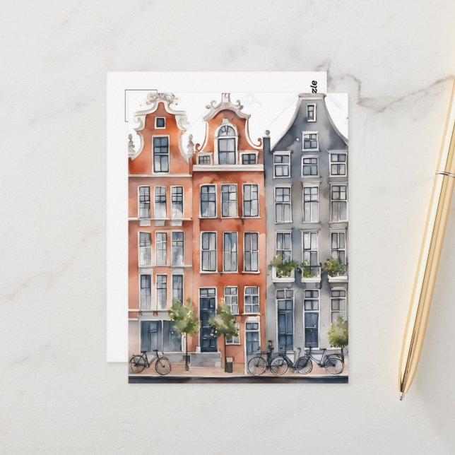 Carte Postale Amsterdam aquarelle (Devant/Arrière en situation)