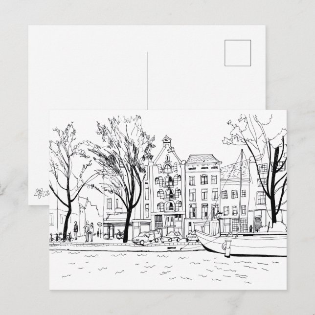 Carte Postale Amsterdam Canal Maisons noir et blanc Sketch (Devant / Derrière)