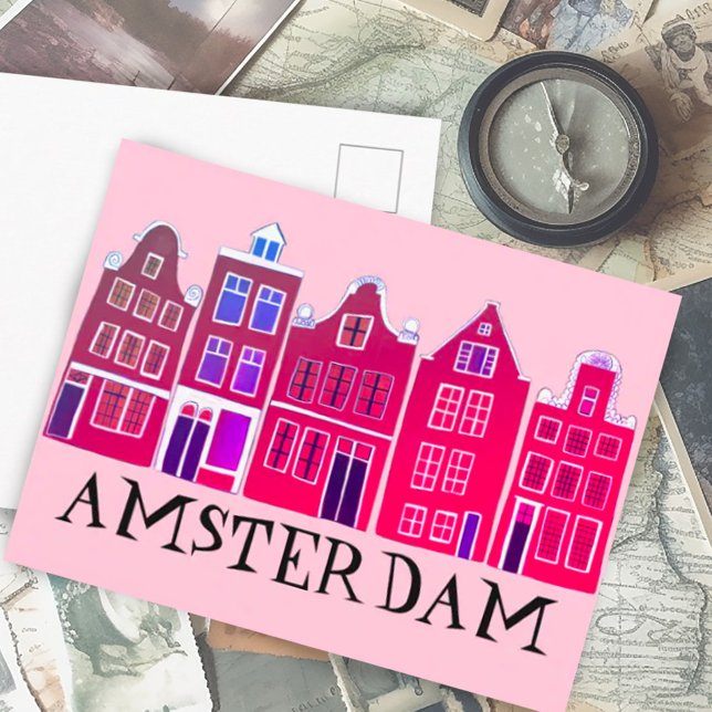 Carte Postale Amsterdam Holland Canal Maisons Voyage Europe (Cute Amsterdam canal houses custom pink postcard)