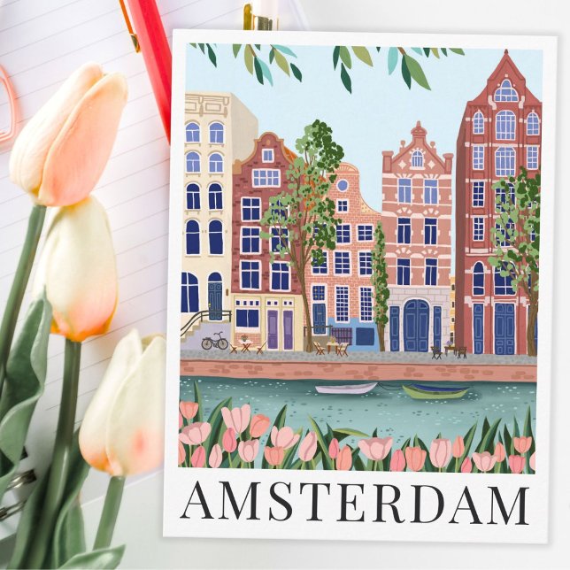 Carte Postale Amsterdam Lakeside Town View Illustration de voyag (amsterdam scenic view tulips illustration travel postcard)
