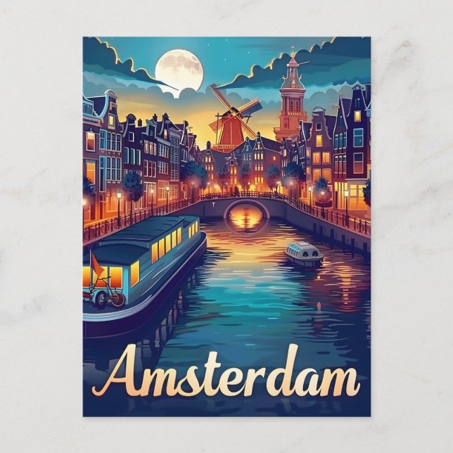 Carte Postale Amsterdam par nuit (Devant)