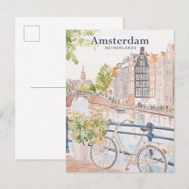 Carte Postale Amsterdam Pays-Bas Gouache Illustration Voyage (Devant / Derrière)