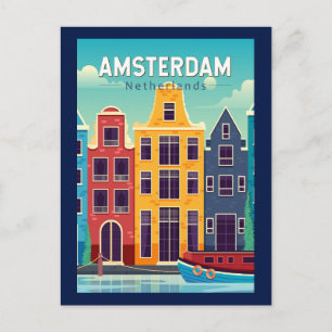 Carte Postale Amsterdam Pays-Bas Maisons colorées Voyage Rétro