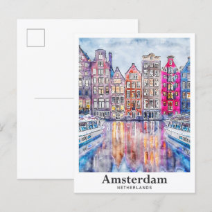 Carte Postale Amsterdam Pays-Bas Watercolor Dessin à la main