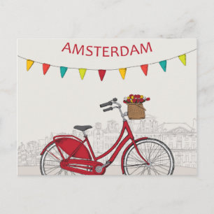 Carte Postale Amsterdam, vélo rouge dans la rue, illustration
