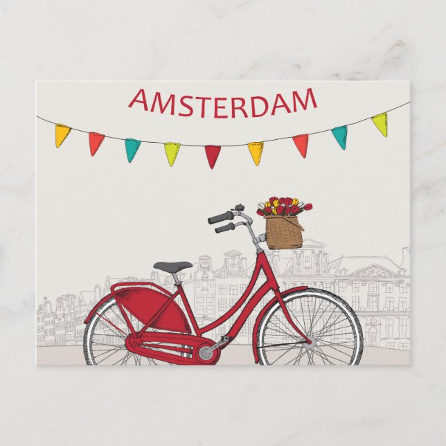 Carte Postale Amsterdam, vélo rouge dans la rue, illustration (Devant)