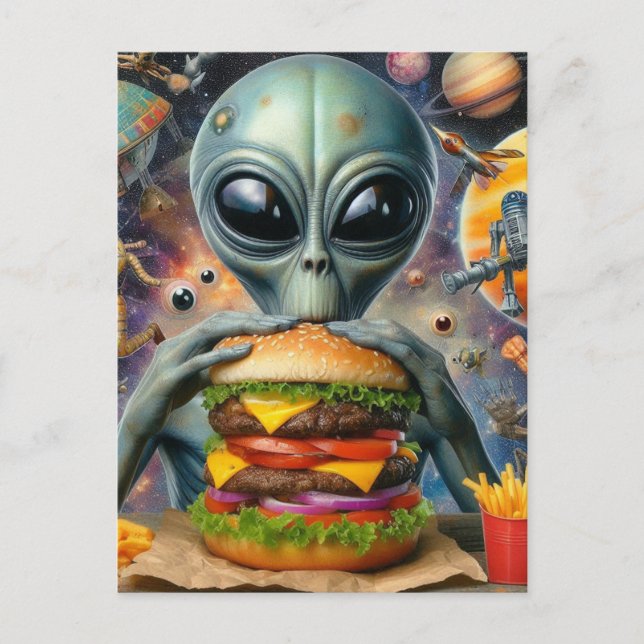 Carte Postale Amusant Alien Manger Cheeseburger (Devant)