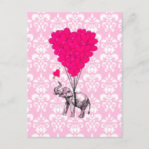 Carte Postale Amusant joli éléphant et damas rose