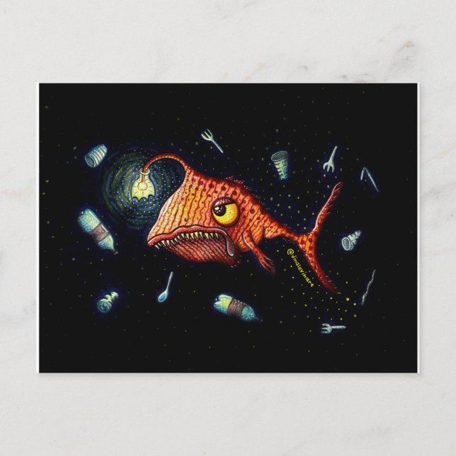 Carte Postale Amusant poisson-pêcheur en colère avec pollution p (Devant)