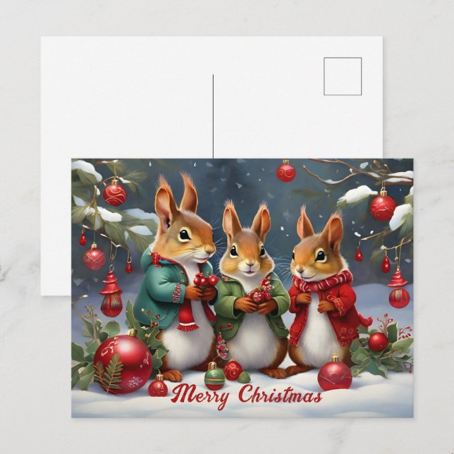 Carte Postale Amusement festif avec de mignons écureuils de Noël (Devant / Derrière)