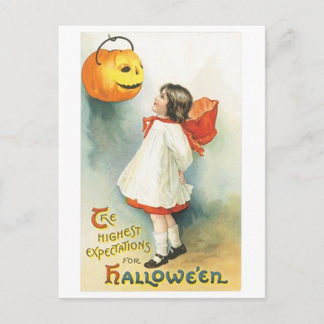 Carte Postale Ancien Halloween, fille et Jack-o'-lanterne (Devant)