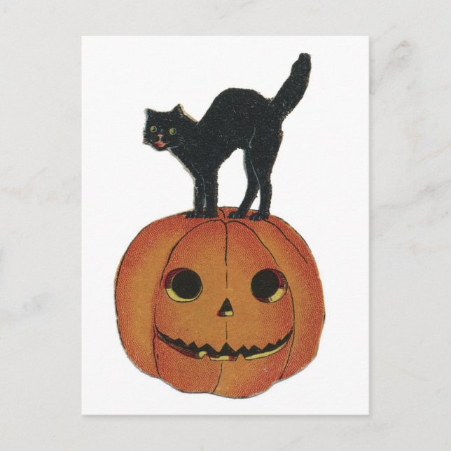 Carte Postale Ancien Halloween Jack-O-Lantern & Chat noir (Devant)