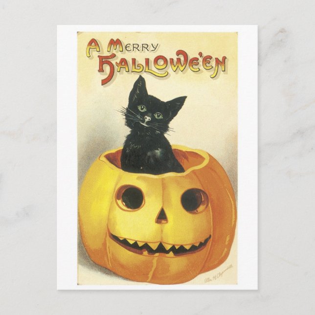 Carte Postale Ancien Halloween Jack-o-lanterne, chat noir (Devant)