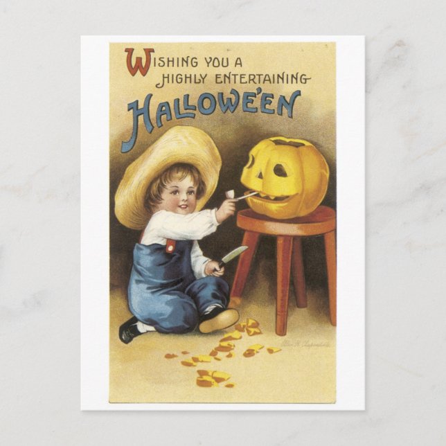 Carte Postale Ancien Halloween, le garçon fait Jack-o-lanterne (Devant)