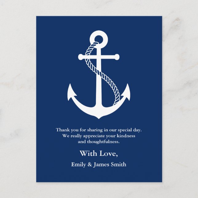 Carte Postale Ancre bleue marine Mariage nautique Merci (Devant)