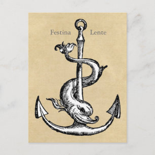 Carte Postale Ancre et dauphin - Festina Lente