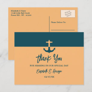 Carte Postale Ancre nautique - Bleu de corail - Merci Mariage