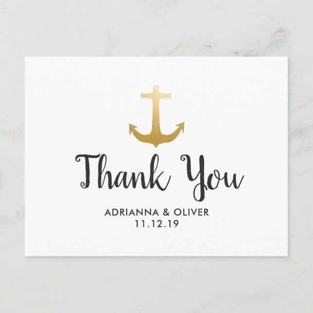 Carte Postale Ancre Nautique Faux Gold Foil | MERCI MARIAGE (Devant)