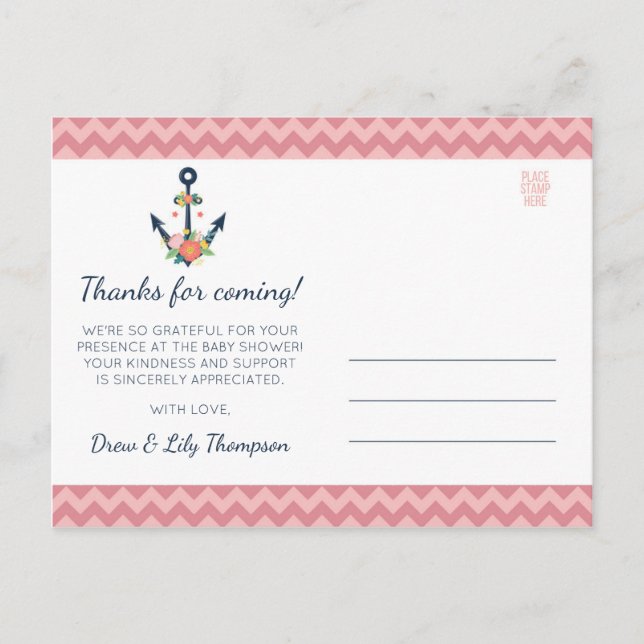 Carte Postale Ancre nautique Floral Baby Girl Douche Merci (Devant)
