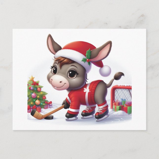 Carte Postale Âne de hockey de Noël festif (Devant)
