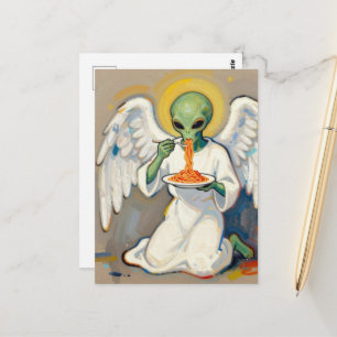 Carte Postale Ange Alien Mangeant des Spaghettis