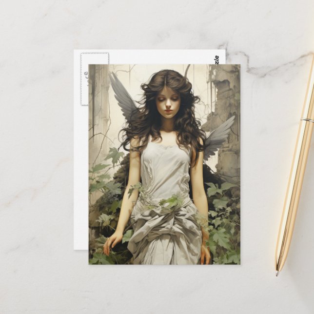 Carte Postale Ange avec ailes grises (Devant/Arrière en situation)