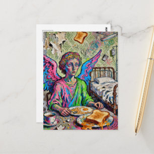 Carte Postale Ange Coloré au Petit Déjeuner Style Art Brut