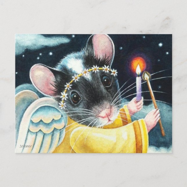 Carte Postale Ange de Noël Souris et bougie aquarelle Art (Devant)