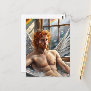Carte Postale Ange Fée Homme Cheveux Rouges dans le Bain Moussan