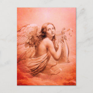Carte Postale ANGE JOUE LA LYRE SUR LES NUAGES Teintes rouges