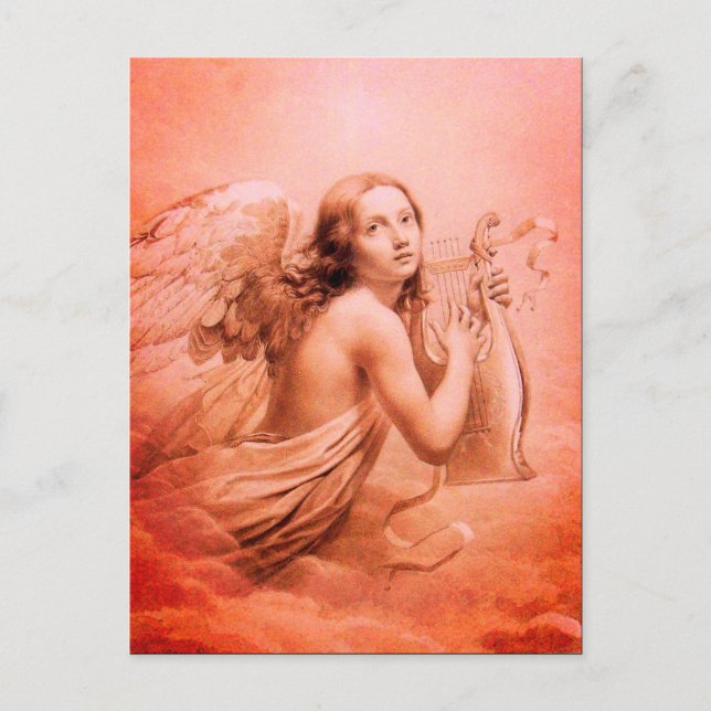 Carte Postale ANGE JOUE LA LYRE SUR LES NUAGES Teintes rouges (Devant)