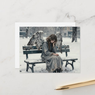 Carte Postale Ange mélancolique dans un parc enneigé dessin à l'