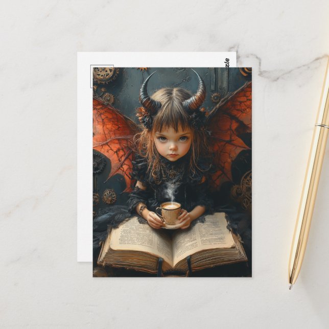 Carte Postale Ange sombre avec café et livre (Devant/Arrière en situation)