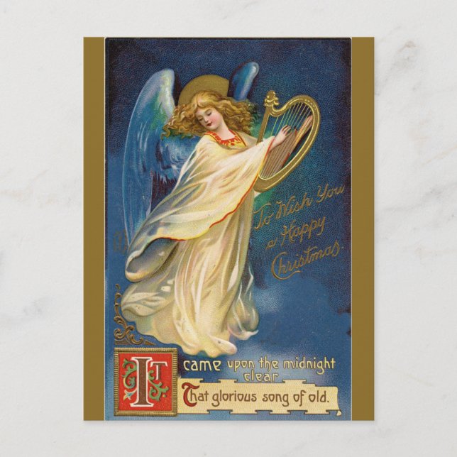 Carte Postale Ange Vintage Avec une Harpe (Devant)