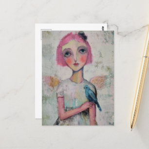 Carte Postale Angel aux cheveux roses et oiseau bleu