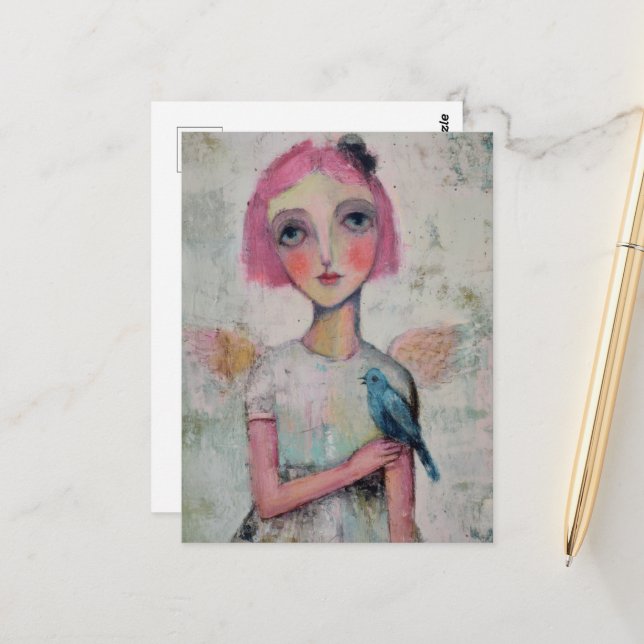 Carte Postale Angel aux cheveux roses et oiseau bleu (Devant/Arrière en situation)