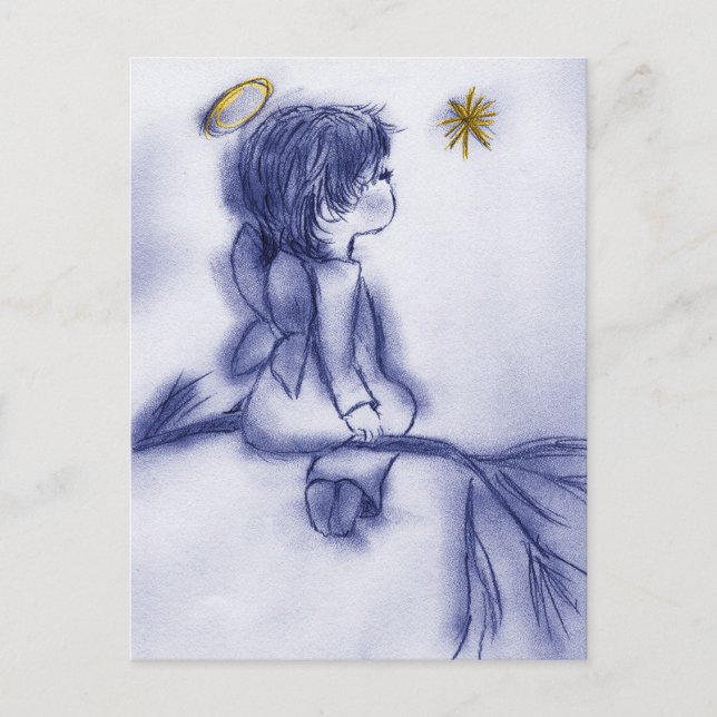 Carte Postale Angel en attente sur une étoile - Tint Bleu (Devant)