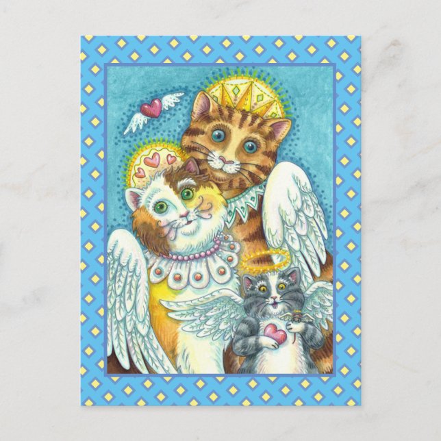 CARTE POSTALE ANGES CHAT, CHATON & SOURIS AU CIEL, HALO & AILES (Devant)