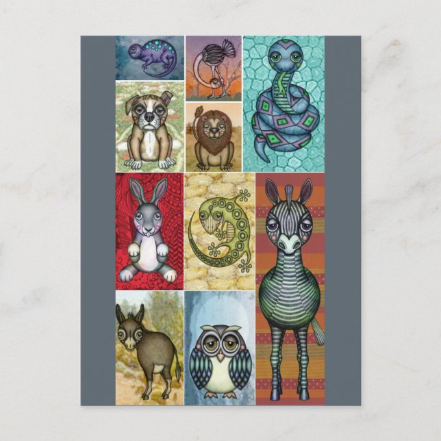 Carte Postale Animal Collage Folk Art Design (Devant)