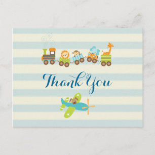 Carte Postale Animal Toy Train et avion sur Stripes Merci