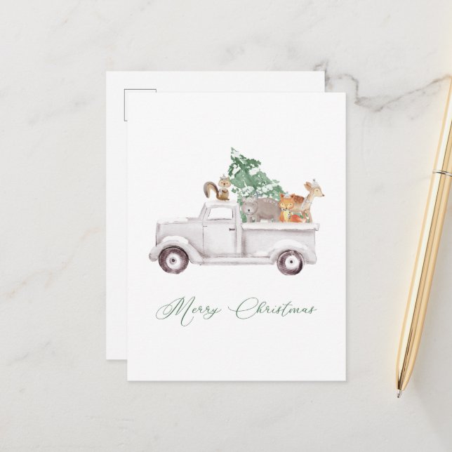 Carte Postale Animaux de bois en vacances de camion blanc (Devant/Arrière en situation)