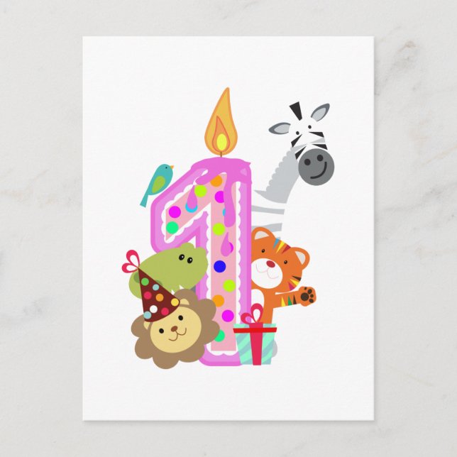 Carte Postale animaux de fête du zoo de bougies pour le premier  (Devant)