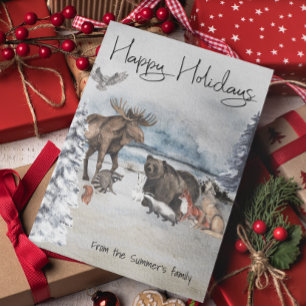 Carte Postale Animaux de la Forêt Hiver Aquarelle Fêtes