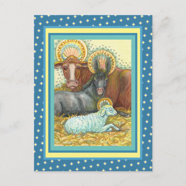 CARTE POSTALE ANIMAUX DE LA NATIVITÉ EN STABLE, OX, ÂNE ET MOUCH (Devant)