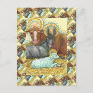 CARTE POSTALE ANIMAUX DE LA NATIVITÉ EN STABLE, OX, ÂNE ET MOUCH