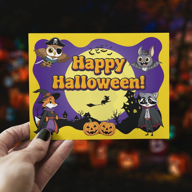 Carte Postale Animaux mignons en bois en costume Halloween heure (Créateur téléchargé)