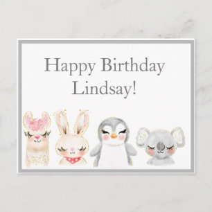 Carte Postale Animaux mignons typographie aquarelle anniversaire