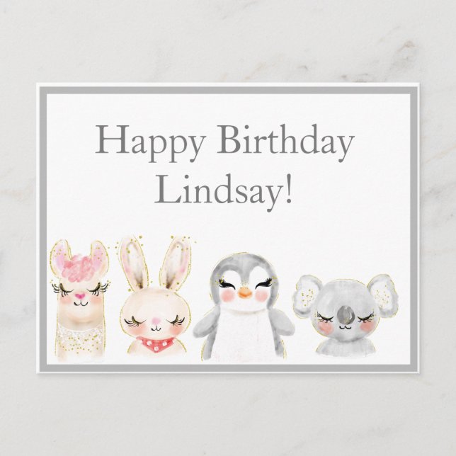 Carte Postale Animaux mignons Typographie aquarelle Anniversaire (Devant)
