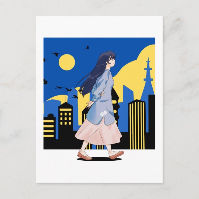 Carte Postale Anime fille dans la ville de nuit (Devant)