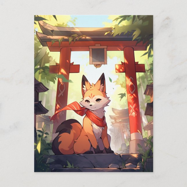 Carte Postale Anime Kitsune Cute Fox Imaginaire Art (Devant)